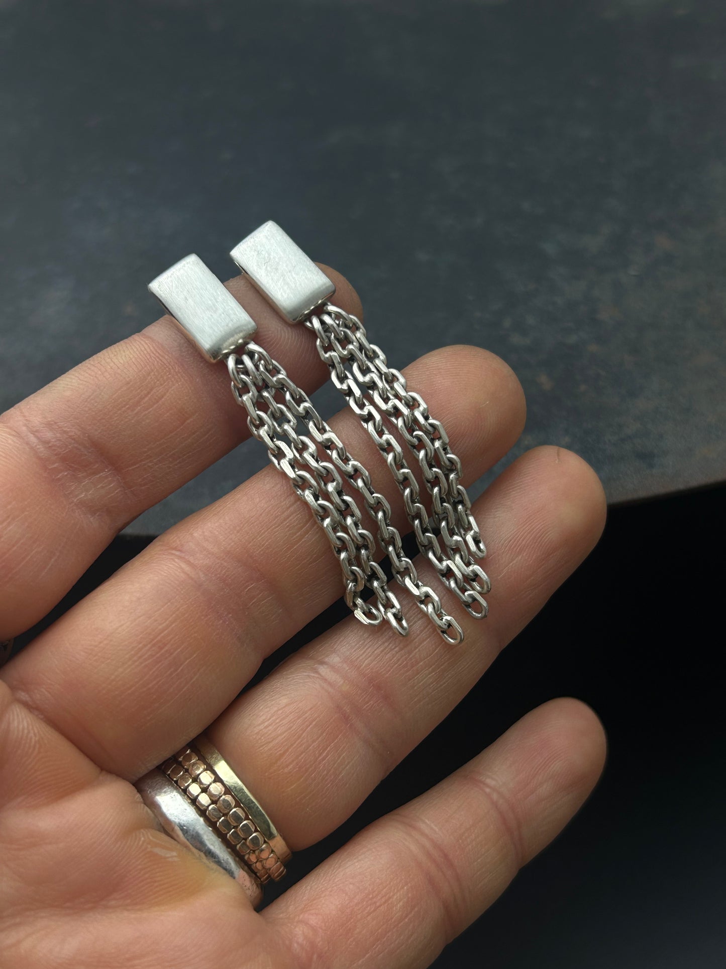 Sterling Silver Rectangle Post Earrings with Chain Fringe