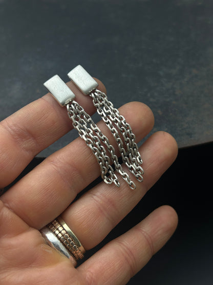 Sterling Silver Rectangle Post Earrings with Chain Fringe