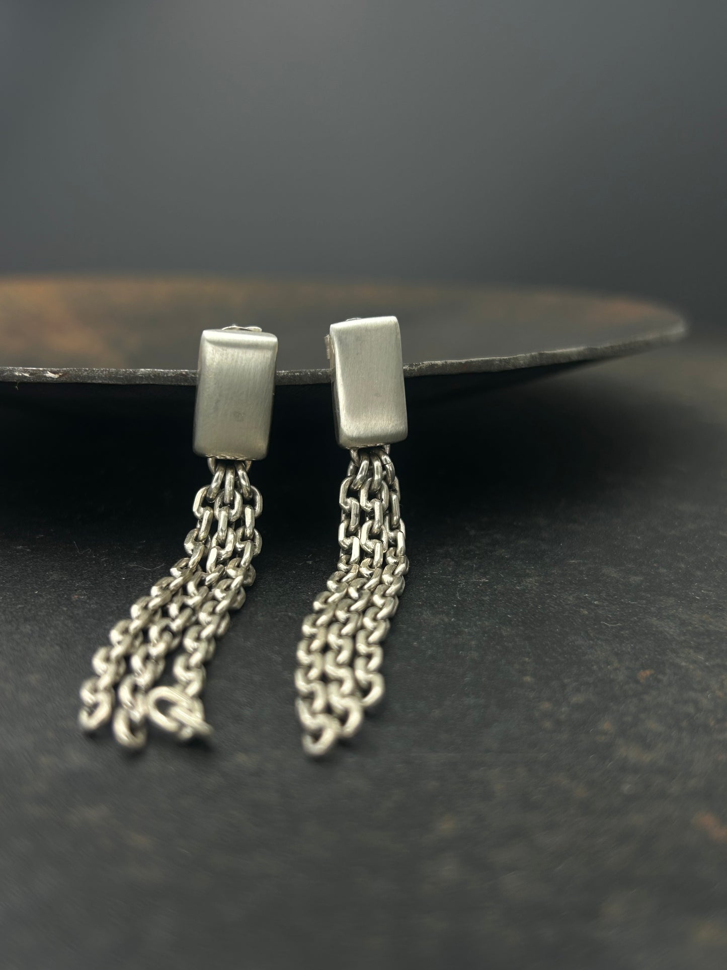 Sterling Silver Rectangle Post Earrings with Chain Fringe