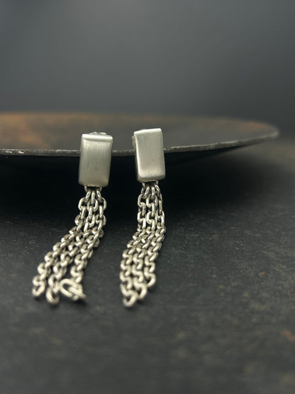 Sterling Silver Rectangle Post Earrings with Chain Fringe