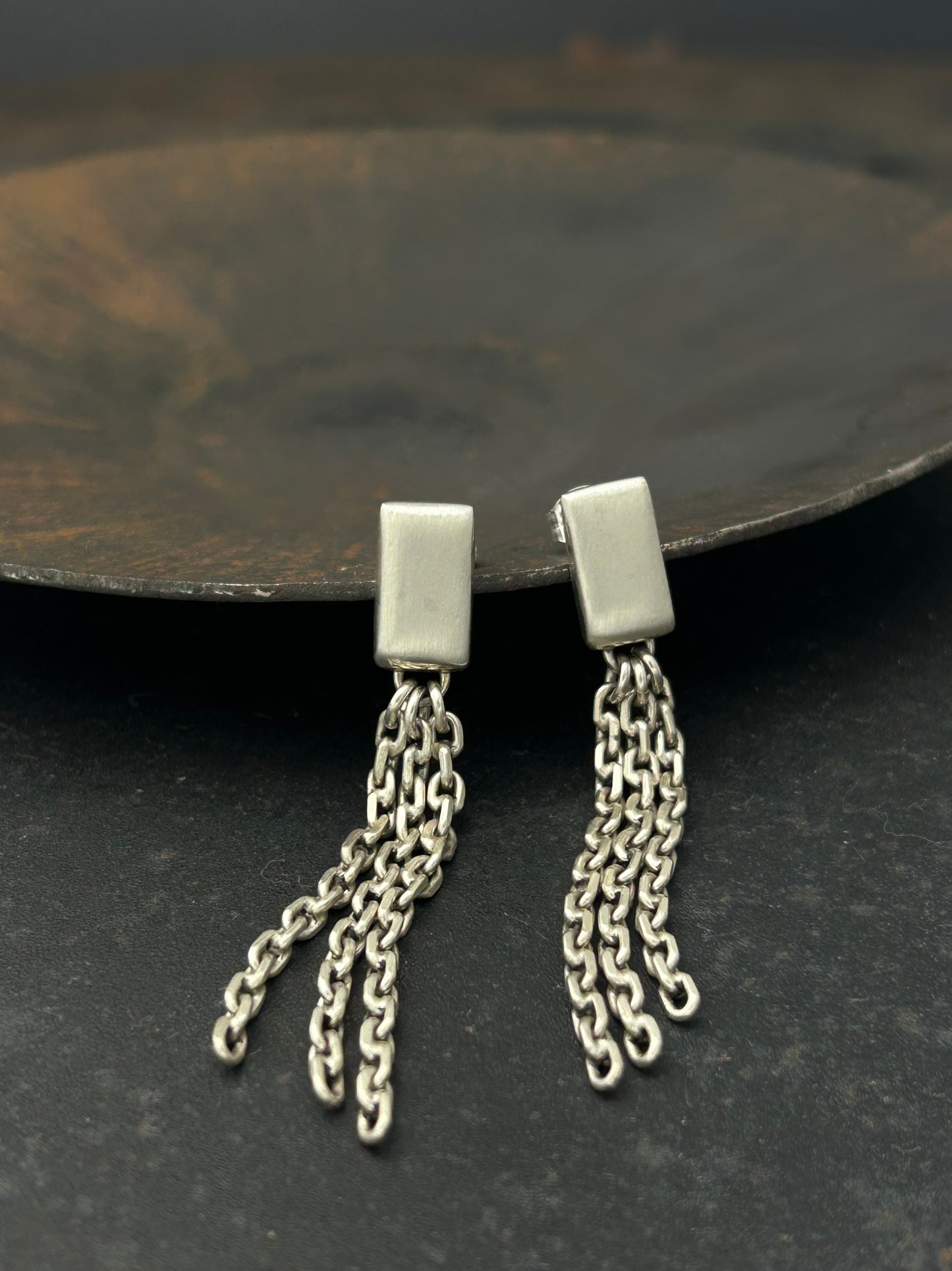 Sterling Silver Rectangle Post Earrings with Chain Fringe