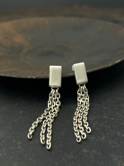 Sterling Silver Rectangle Post Earrings with Chain Fringe