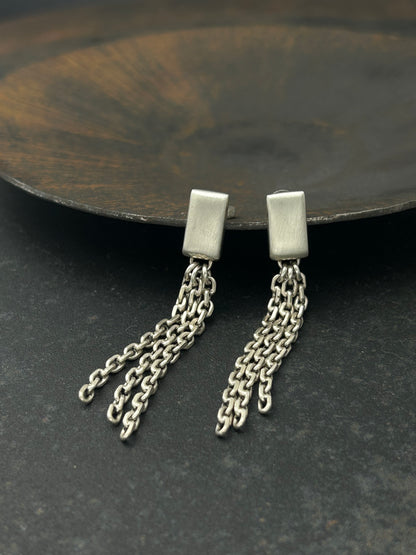 Sterling Silver Rectangle Post Earrings with Chain Fringe