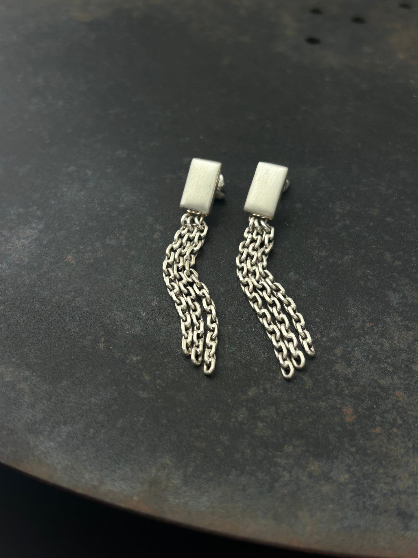 Sterling Silver Rectangle Post Earrings with Chain Fringe