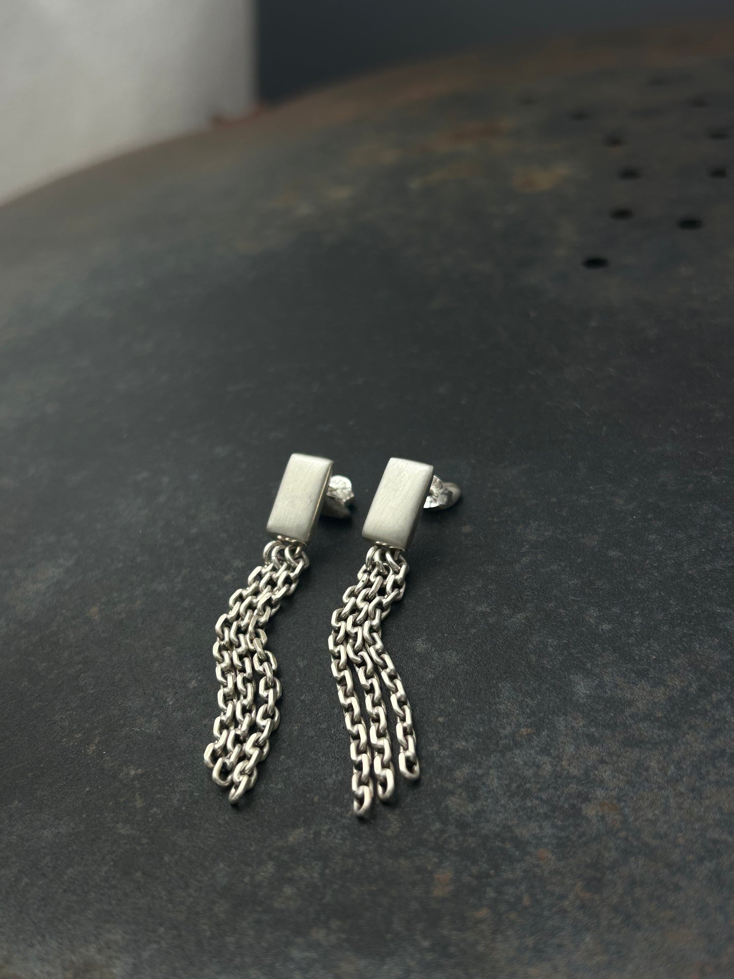 Sterling Silver Rectangle Post Earrings with Chain Fringe