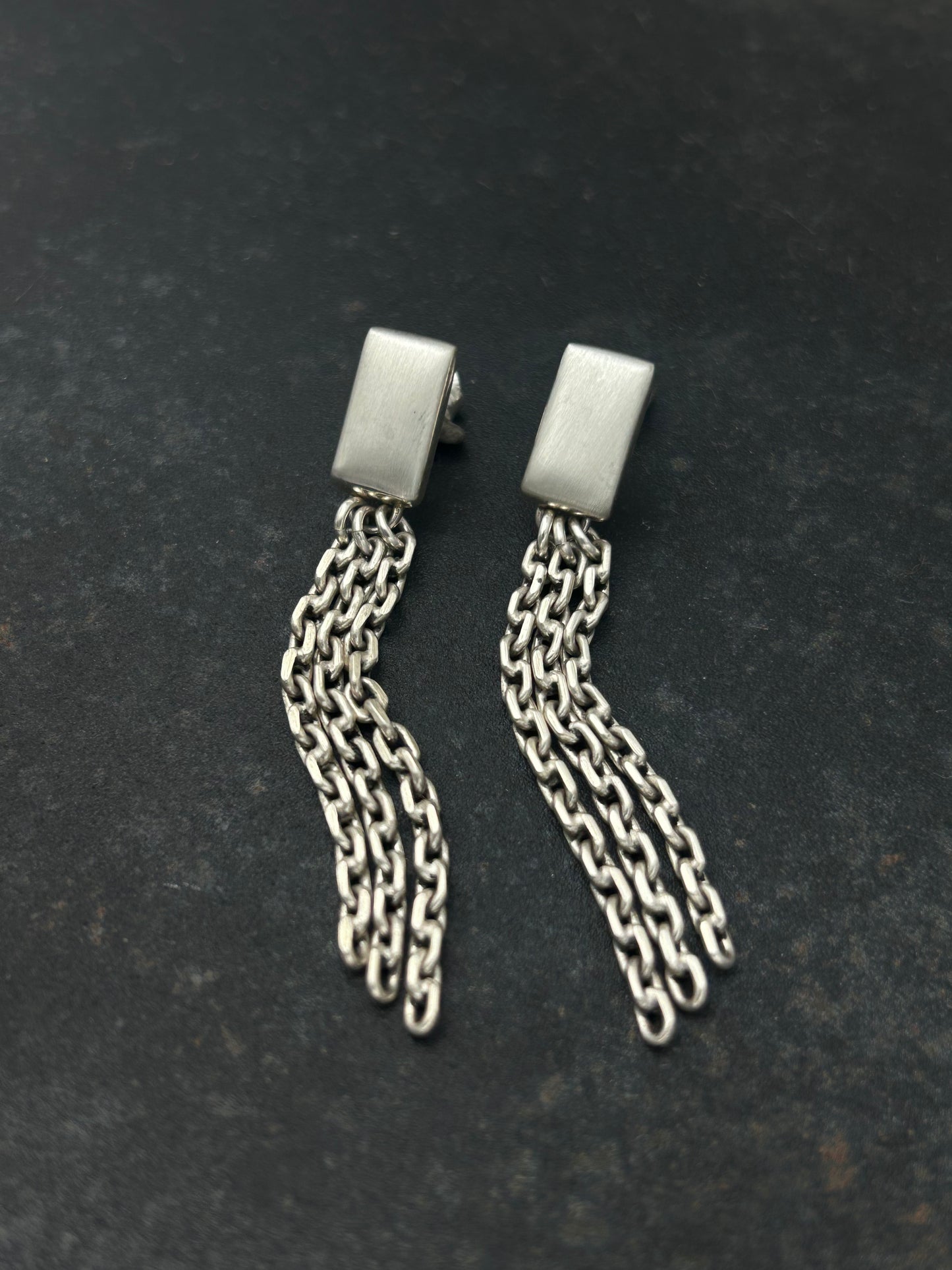 Sterling Silver Rectangle Post Earrings with Chain Fringe