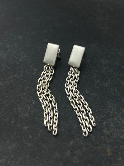 Sterling Silver Rectangle Post Earrings with Chain Fringe