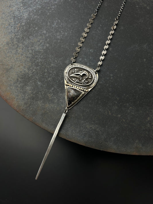 Sterling Silver Raven Skull Necklace with Jasper and Long Spike