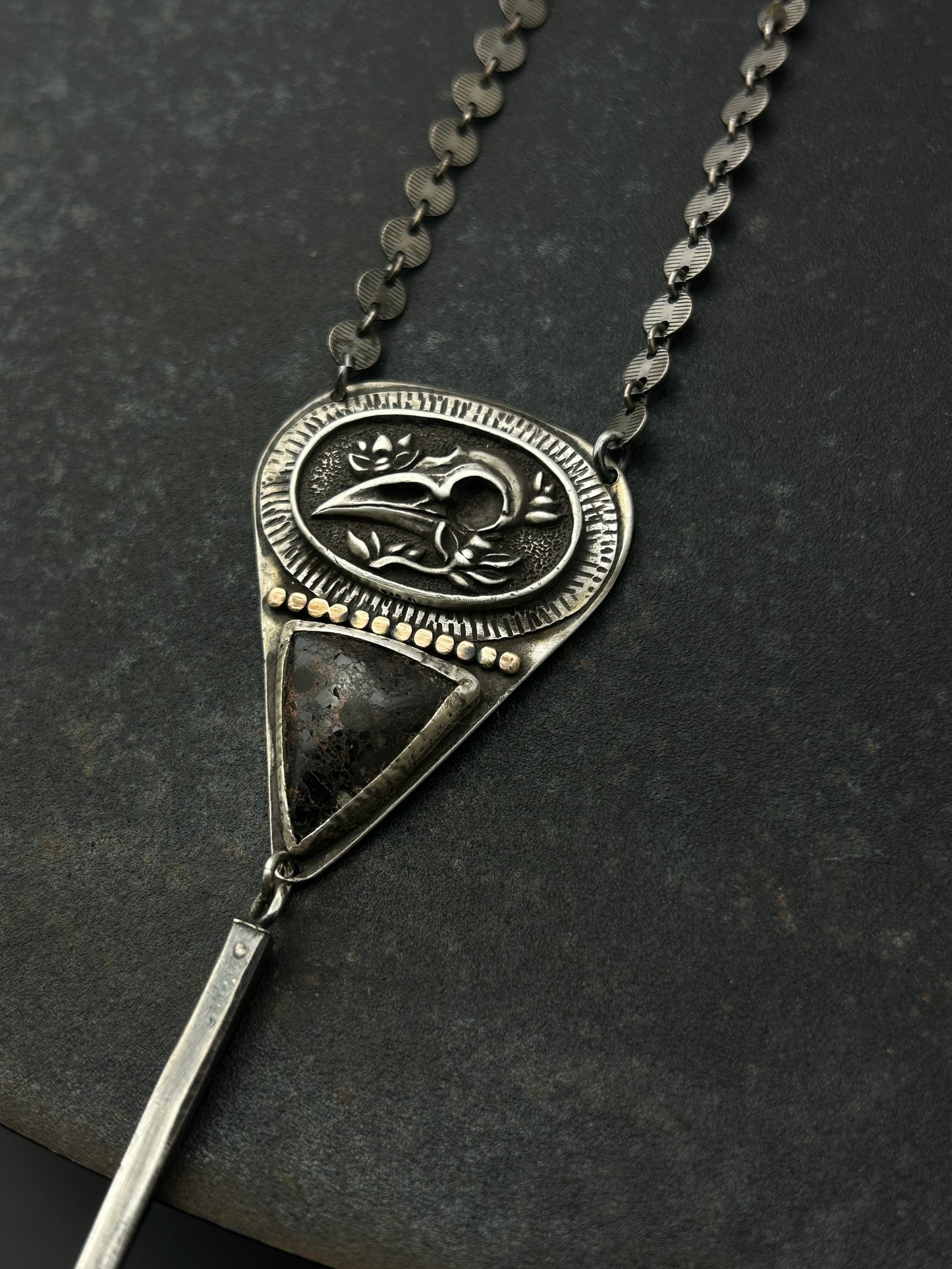 Sterling Silver Raven Skull Necklace with Jasper and Long Spike