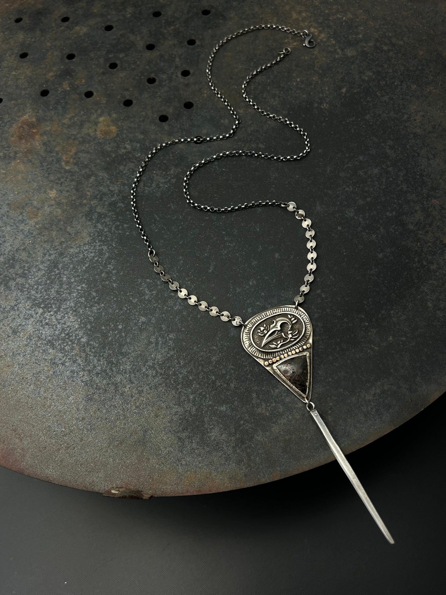 Sterling Silver Raven Skull Necklace with Jasper and Long Spike
