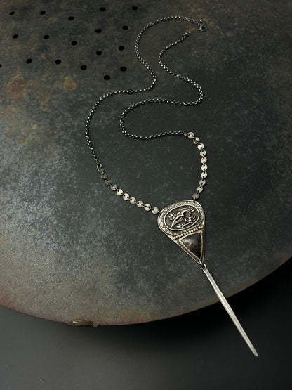 Sterling Silver Raven Skull Necklace with Jasper and Long Spike