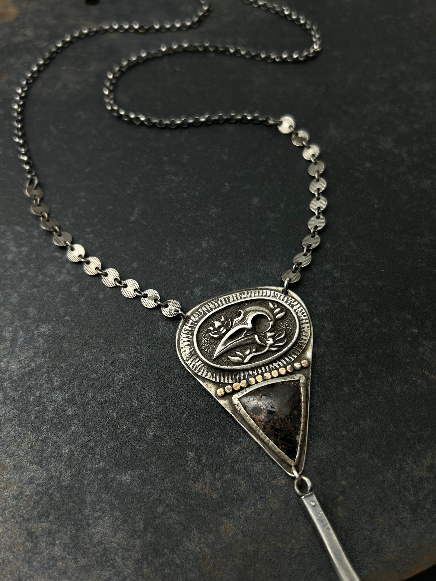 Sterling Silver Raven Skull Necklace with Jasper and Long Spike