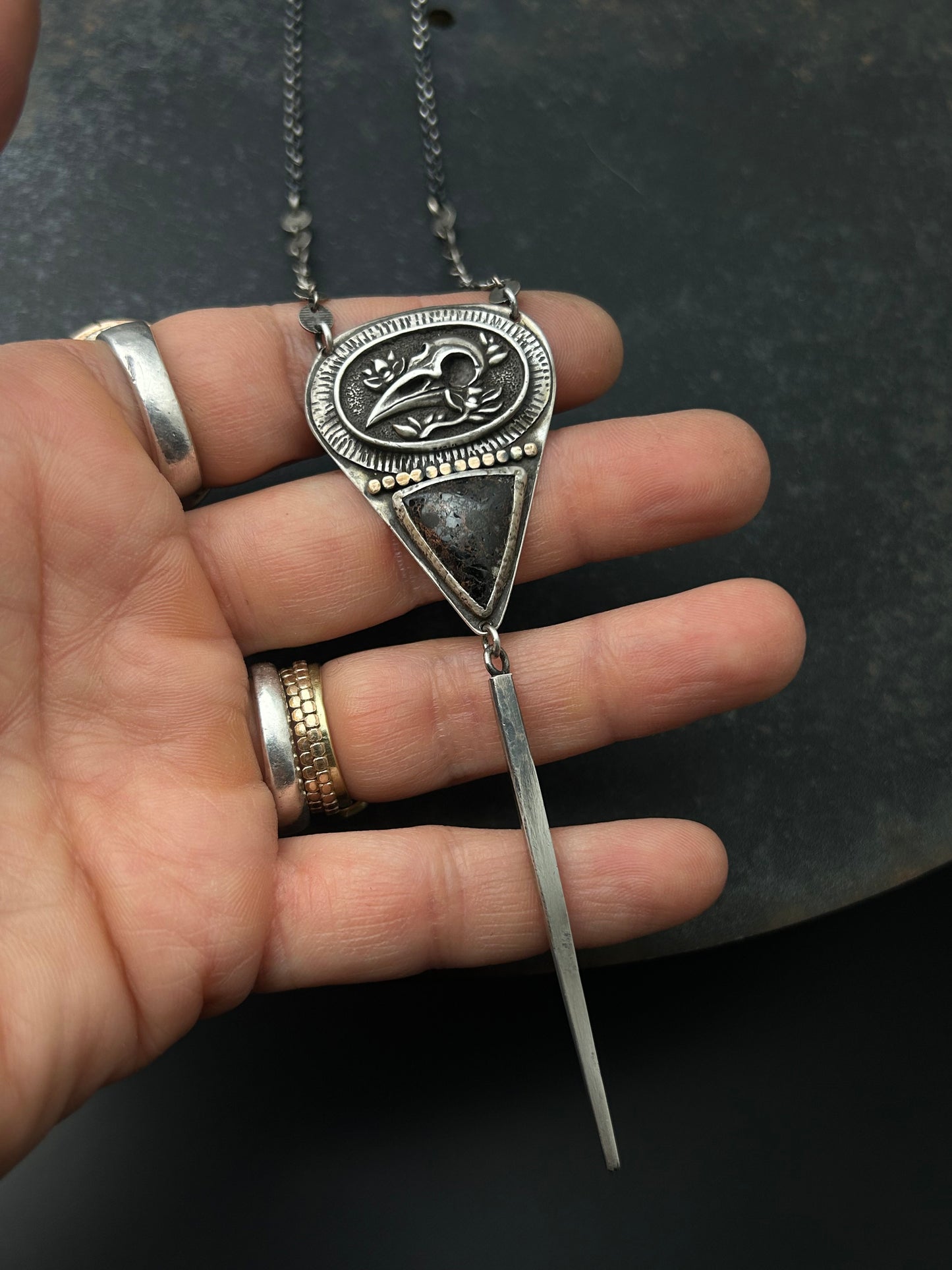 Sterling Silver Raven Skull Necklace with Jasper and Long Spike