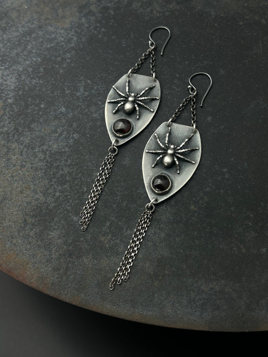 Sterling Silver Tarantula Earrings with Garnets