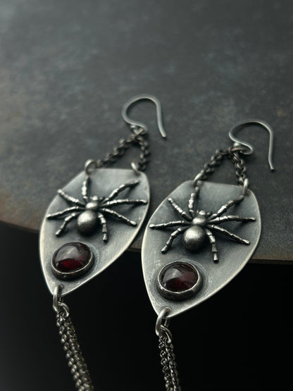 Sterling Silver Tarantula Earrings with Garnets