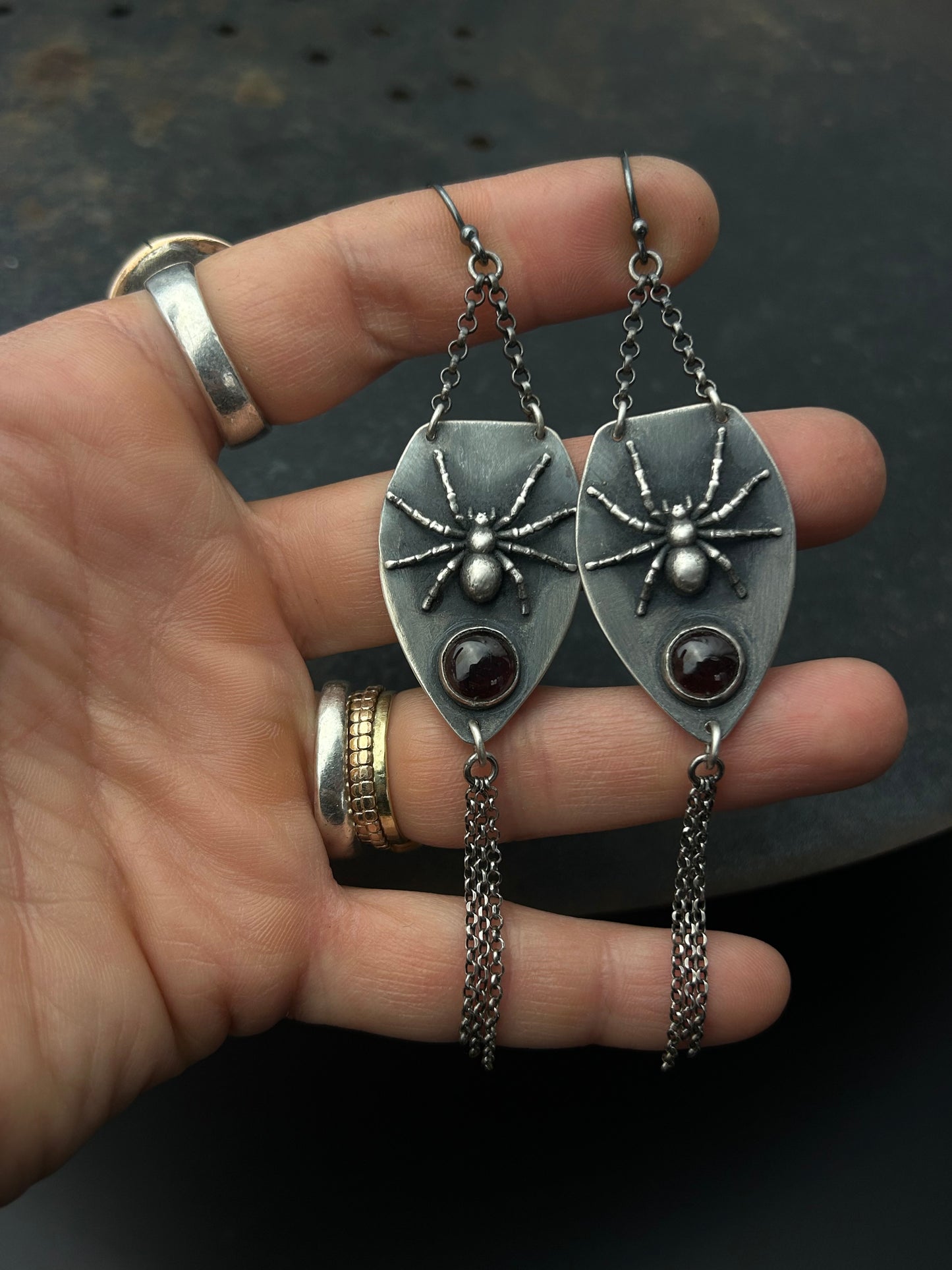 Sterling Silver Tarantula Earrings with Garnets
