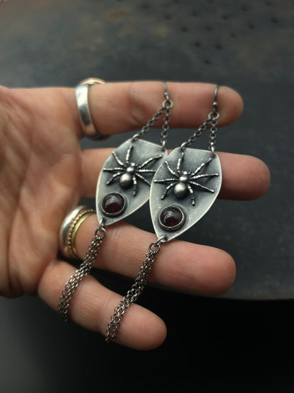 Sterling Silver Tarantula Earrings with Garnets