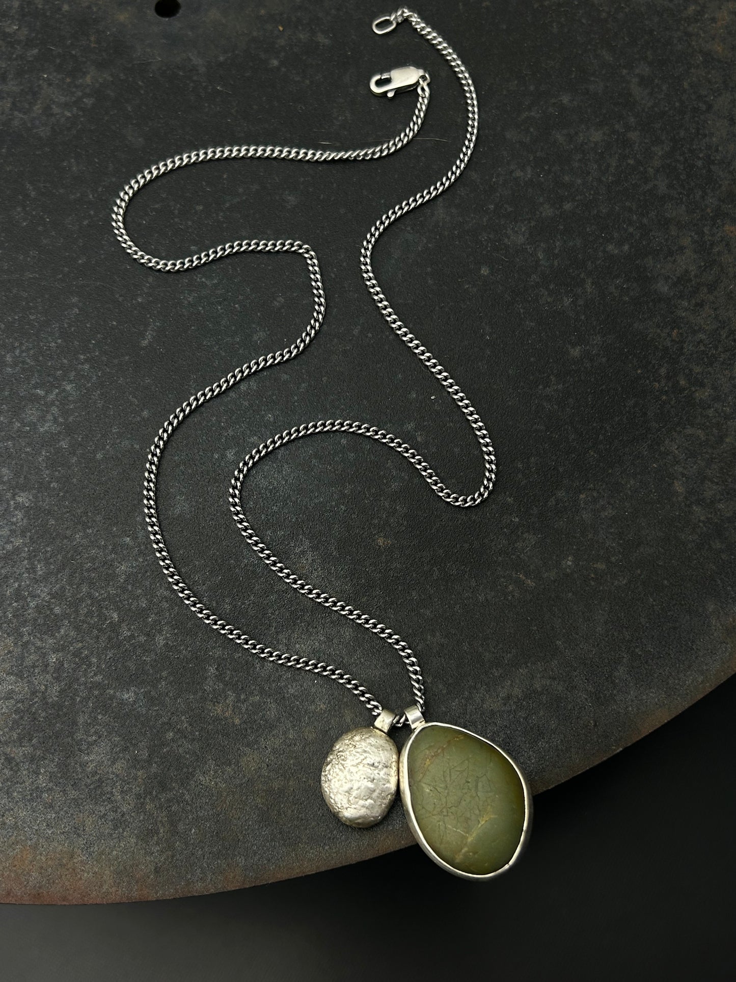 Olive Beach Pebble Necklace with Sterling Silver Nugget
