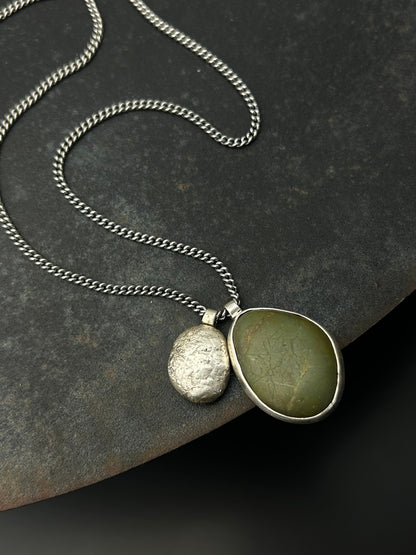 Olive Beach Pebble Necklace with Sterling Silver Nugget