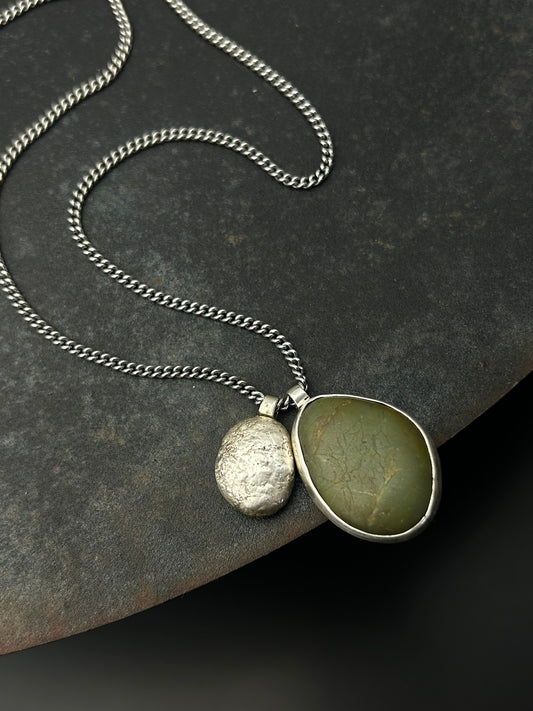 Olive Beach Pebble Necklace with Sterling Silver Nugget