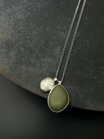 Olive Beach Pebble Necklace with Sterling Silver Nugget