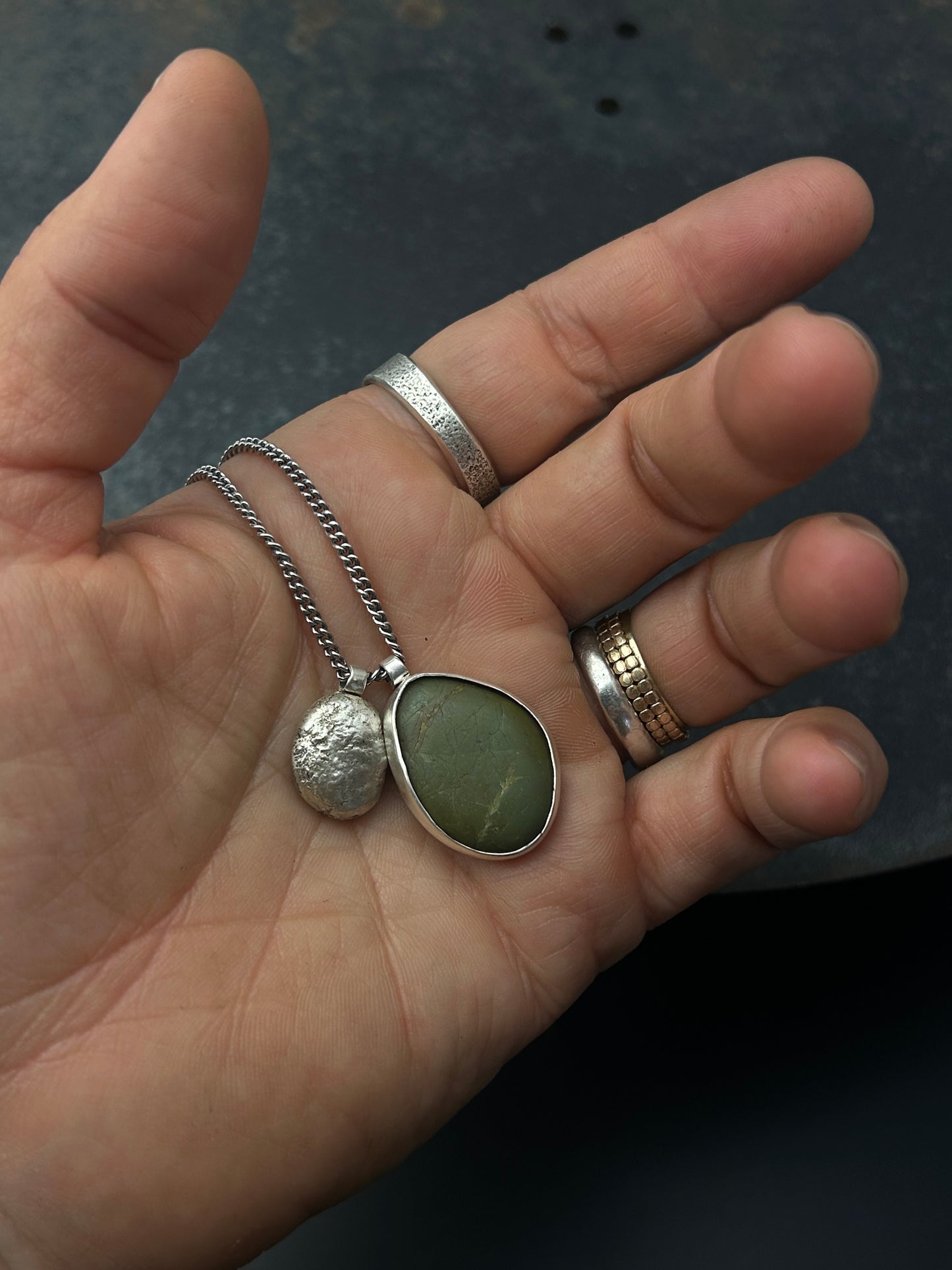 Olive Beach Pebble Necklace with Sterling Silver Nugget