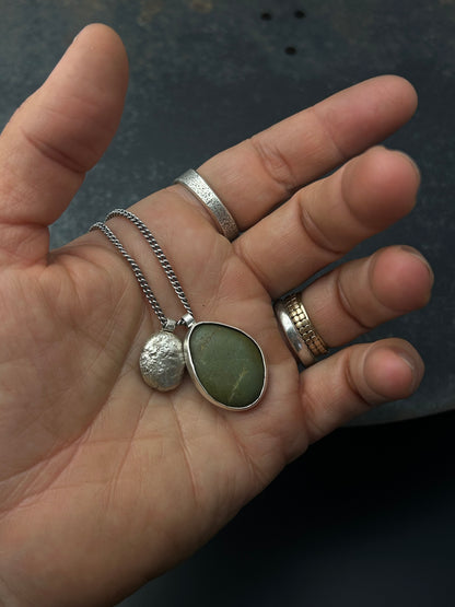 Olive Beach Pebble Necklace with Sterling Silver Nugget