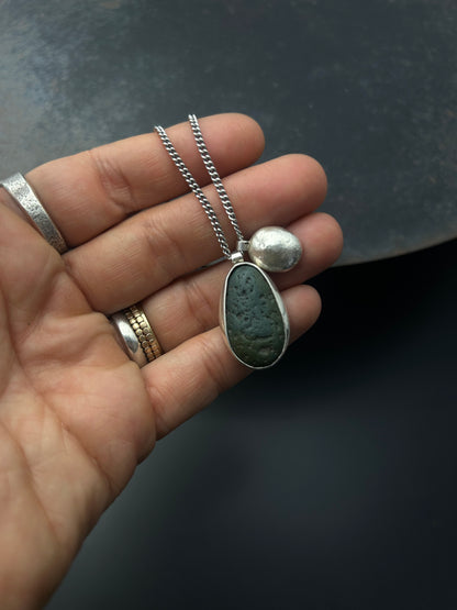 Dark Teal Beach Pebble Necklace with Sterling Silver Nugget