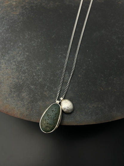 Dark Teal Beach Pebble Necklace with Sterling Silver Nugget