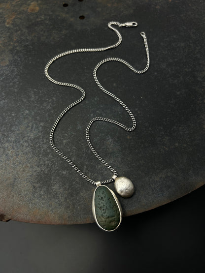 Dark Teal Beach Pebble Necklace with Sterling Silver Nugget