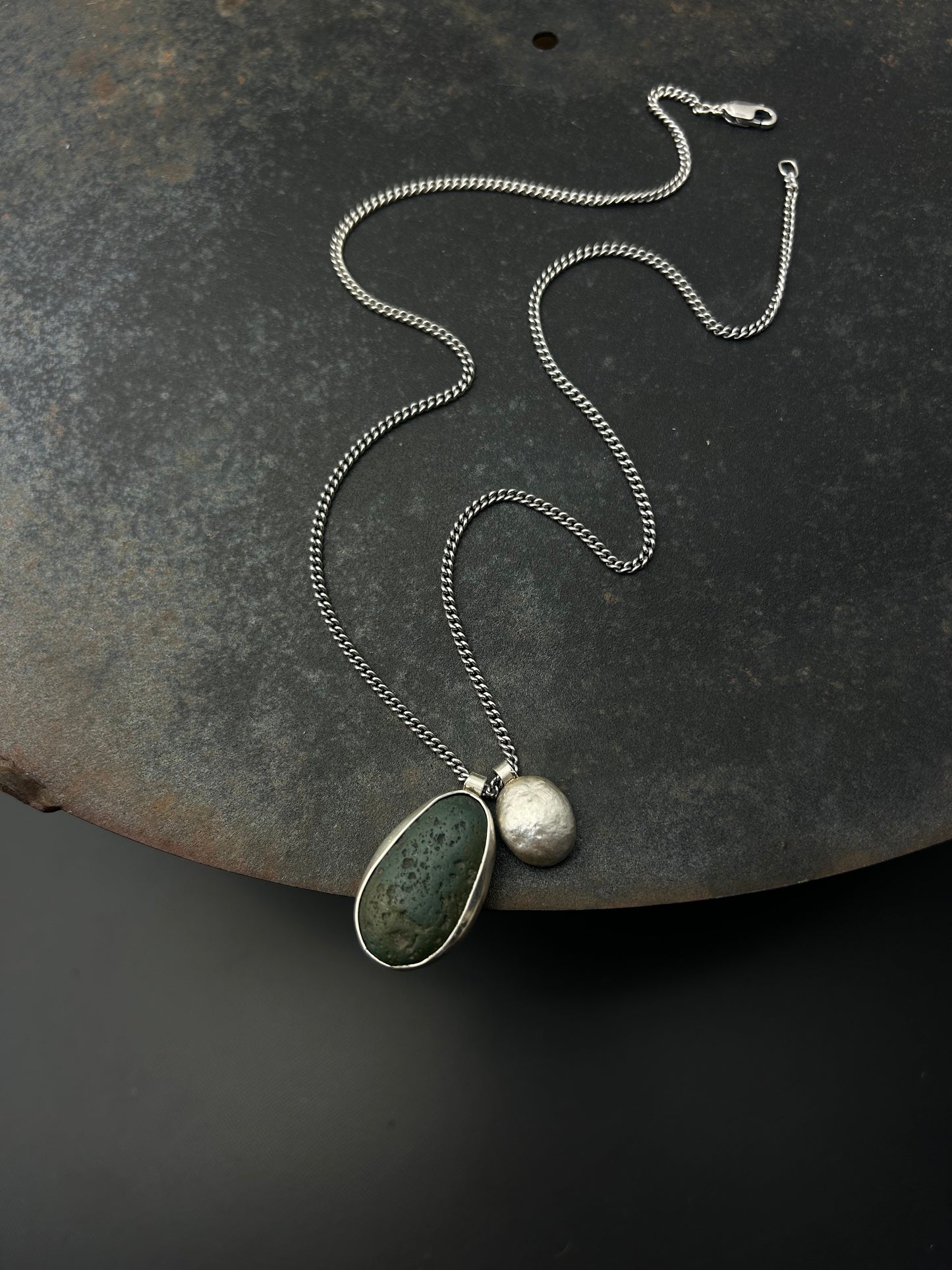 Dark Teal Beach Pebble Necklace with Sterling Silver Nugget