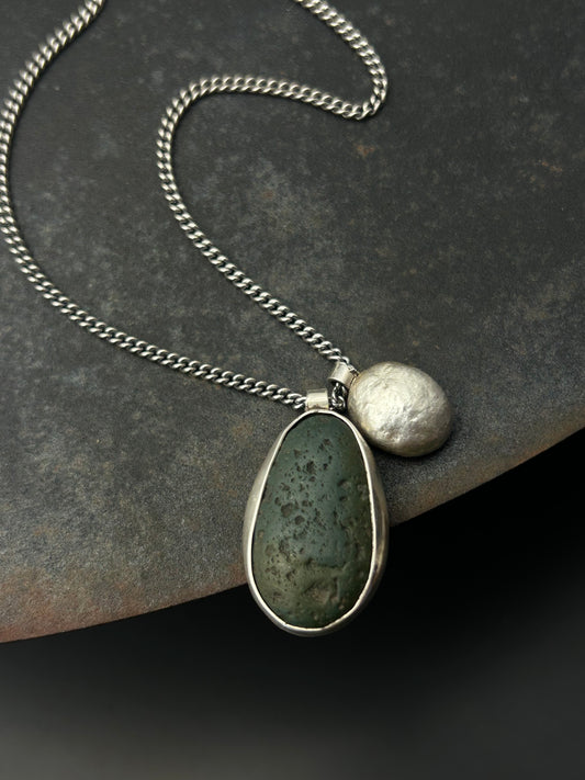 Dark Teal Beach Pebble Necklace with Sterling Silver Nugget