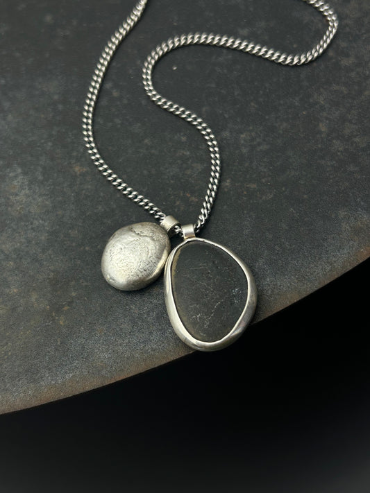 Slate Beach Pebble Necklace with Sterling Silver Nugget