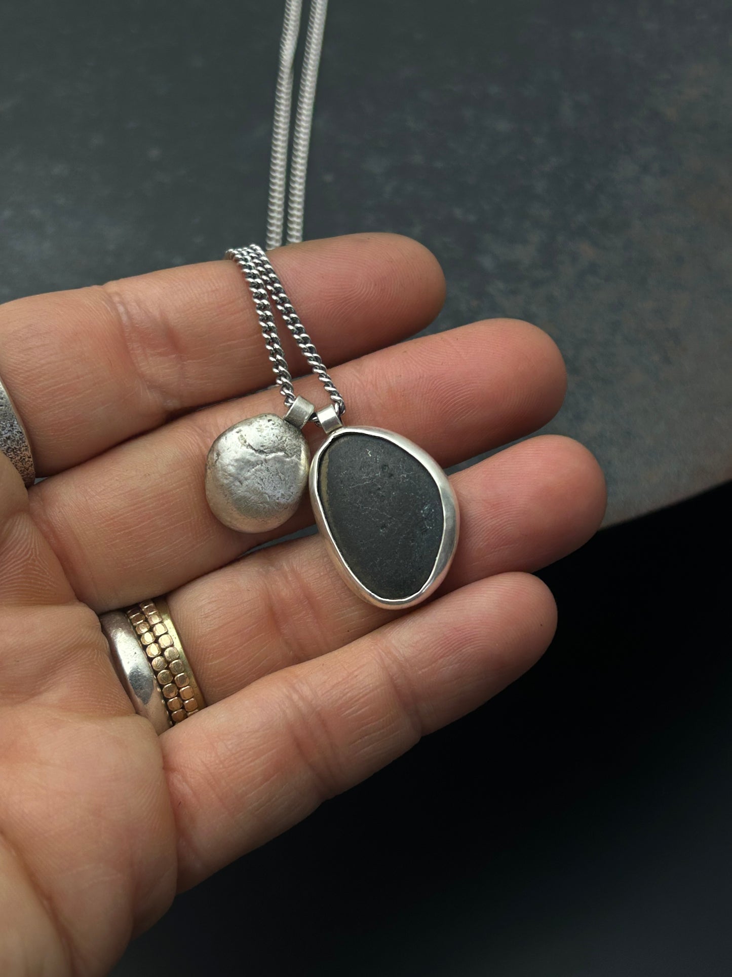Slate Beach Pebble Necklace with Sterling Silver Nugget