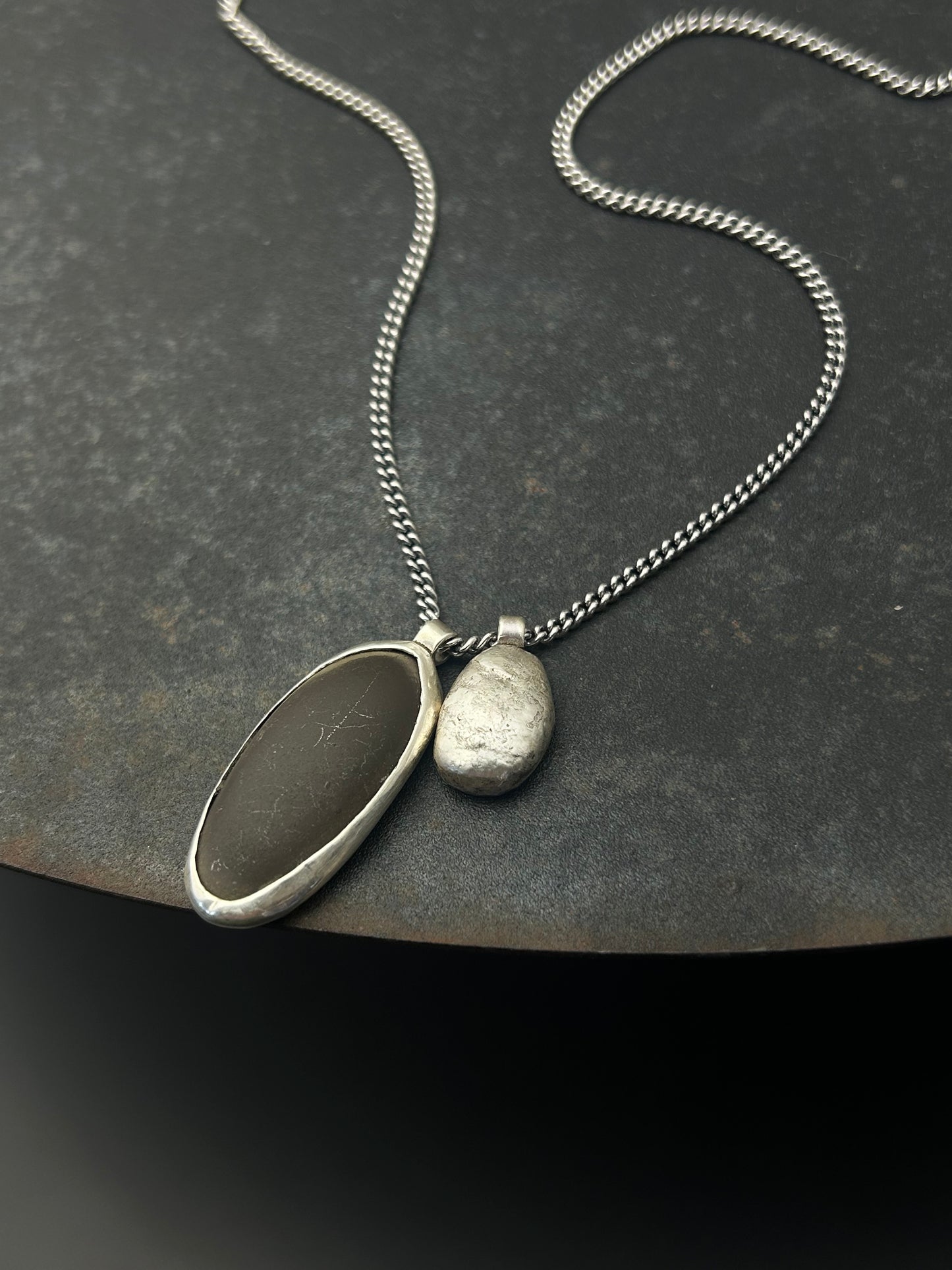 Espresso Beach Pebble Necklace with Sterling Silver Nugget
