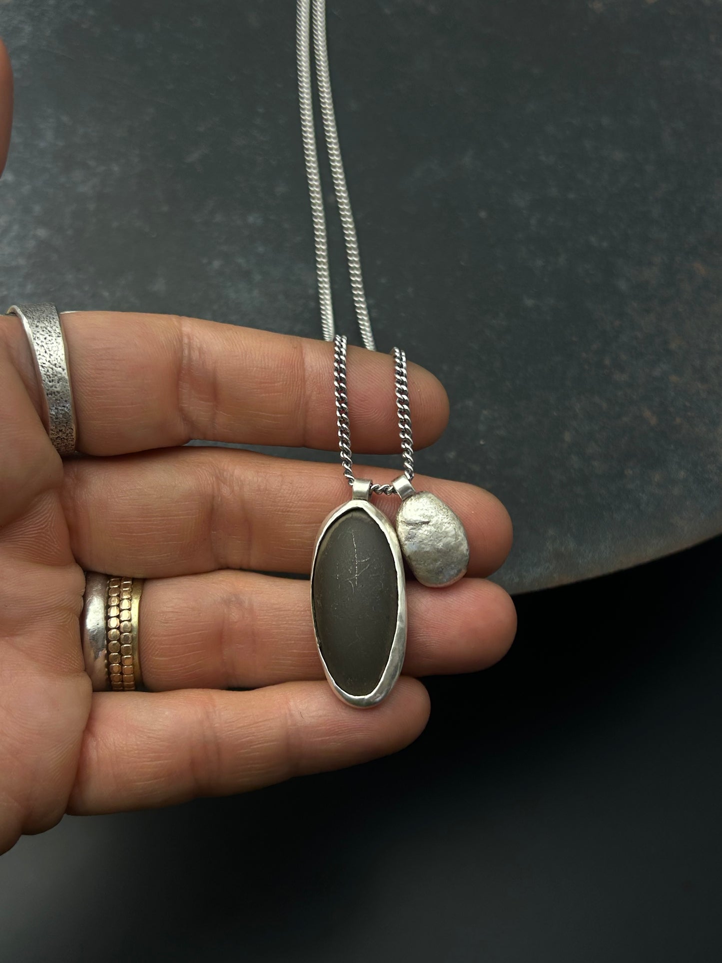 Espresso Beach Pebble Necklace with Sterling Silver Nugget