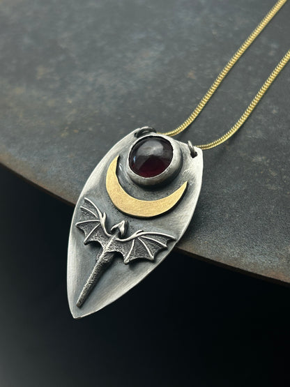 Sterling Silver Dragon Necklace with Bronze Moon and Granet
