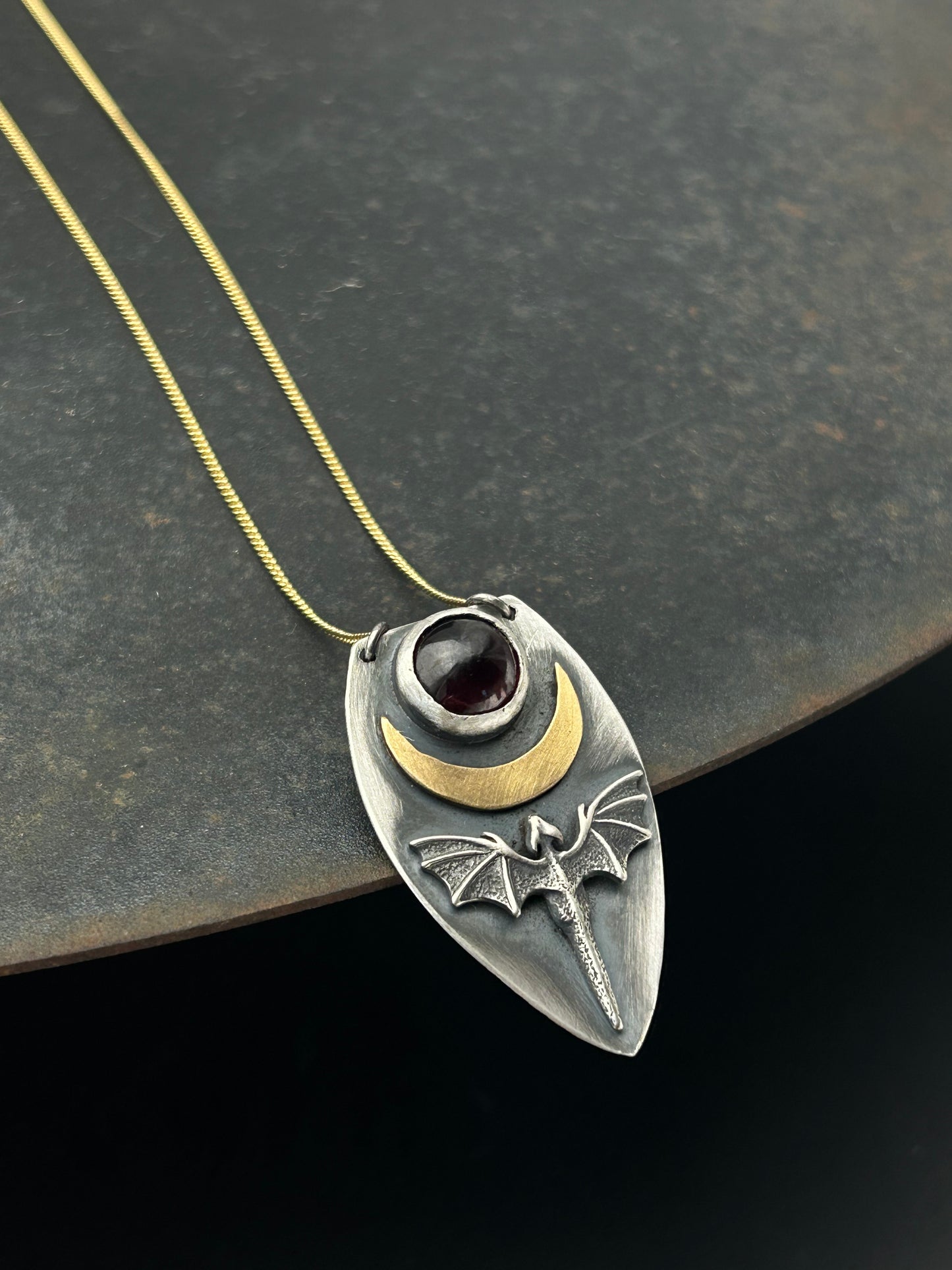 Sterling Silver Dragon Necklace with Bronze Moon and Granet