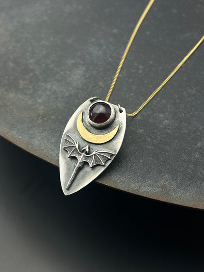 Sterling Silver Dragon Necklace with Bronze Moon and Granet