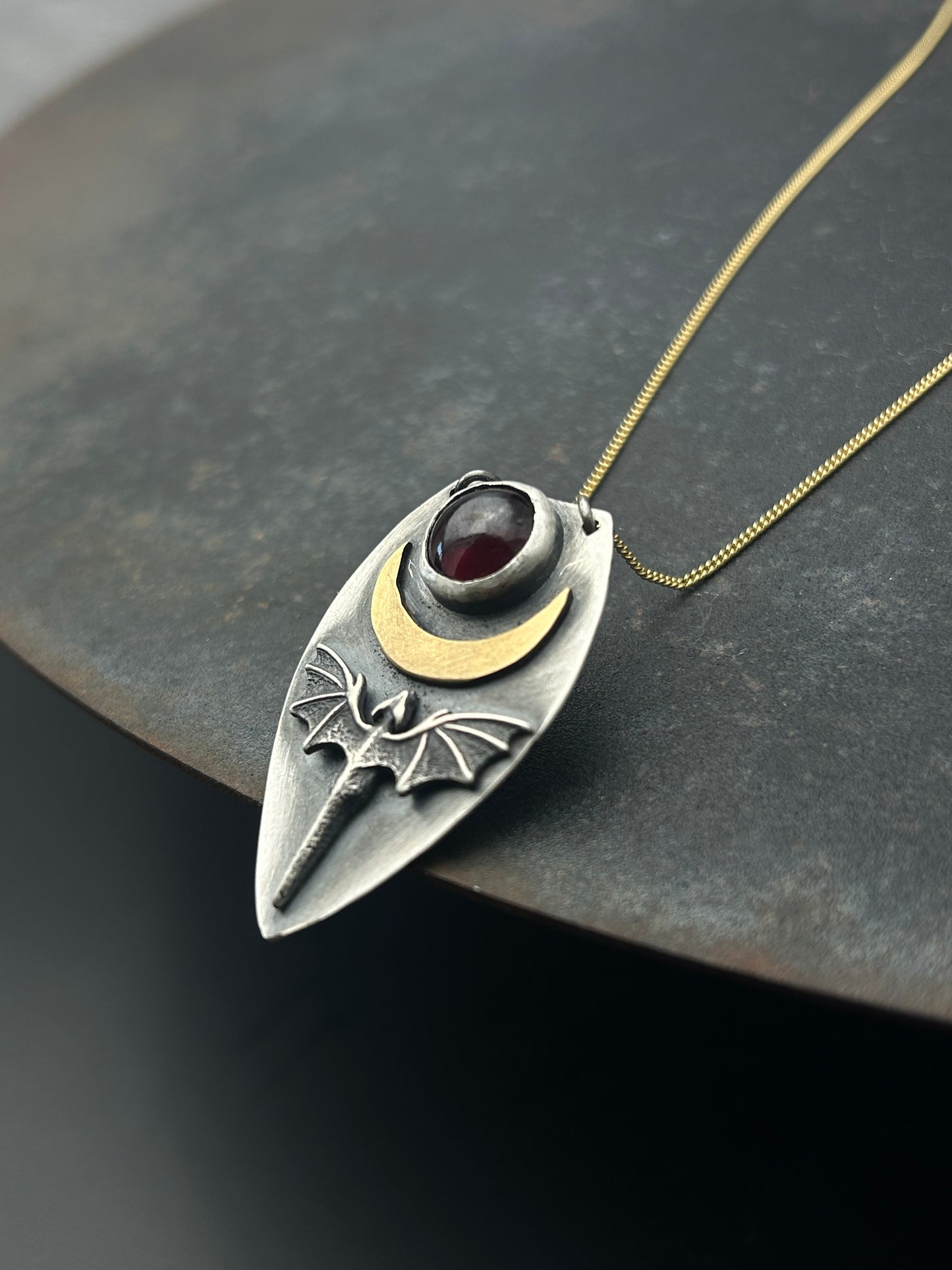 Sterling Silver Dragon Necklace with Bronze Moon and Granet
