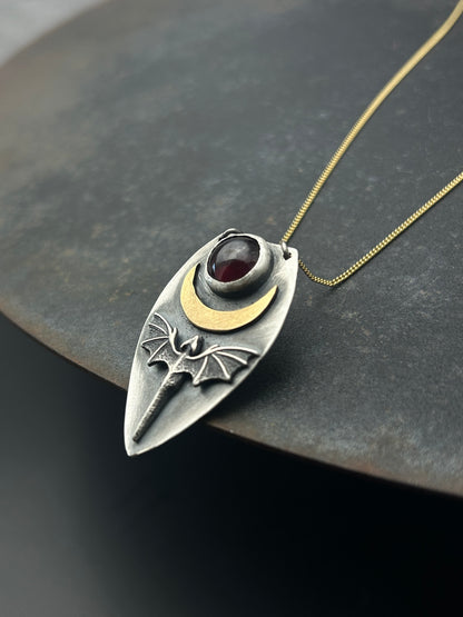 Sterling Silver Dragon Necklace with Bronze Moon and Granet