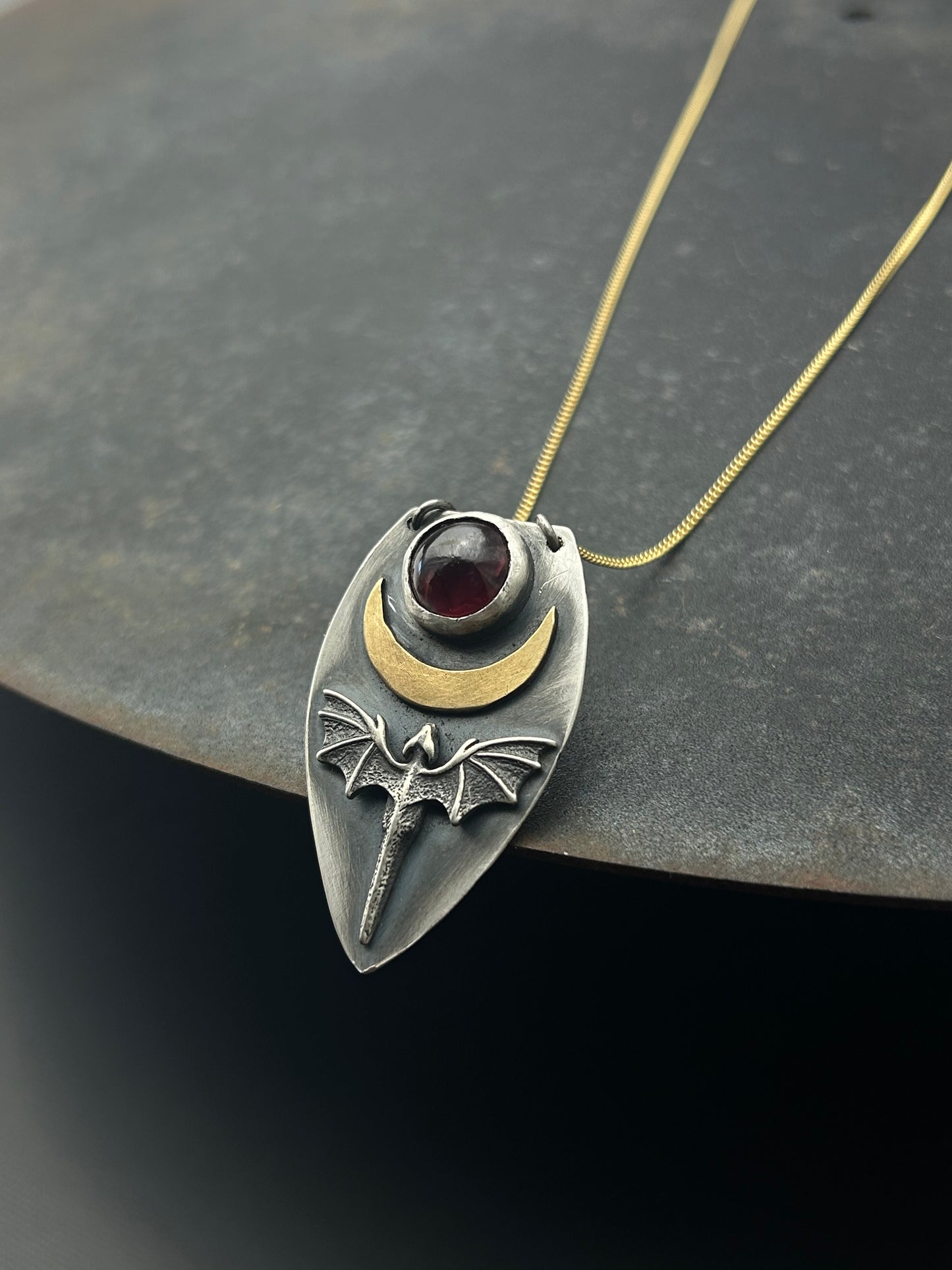 Sterling Silver Dragon Necklace with Bronze Moon and Granet