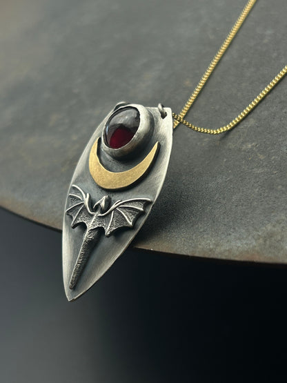 Sterling Silver Dragon Necklace with Bronze Moon and Granet