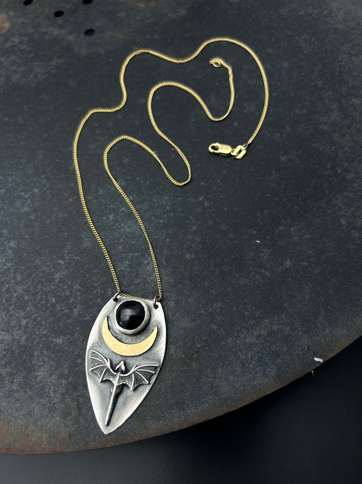 Sterling Silver Dragon Necklace with Bronze Moon and Granet