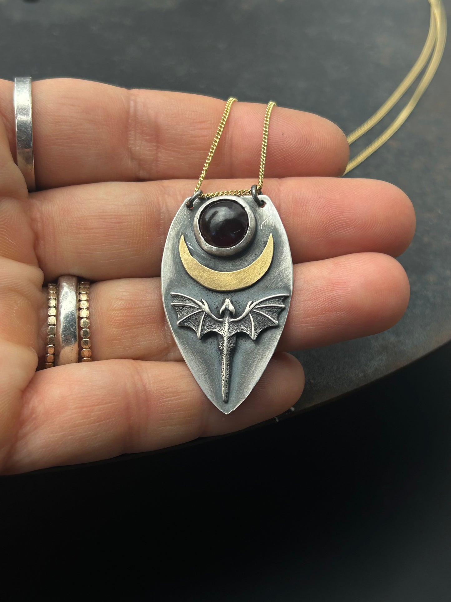 Sterling Silver Dragon Necklace with Bronze Moon and Granet