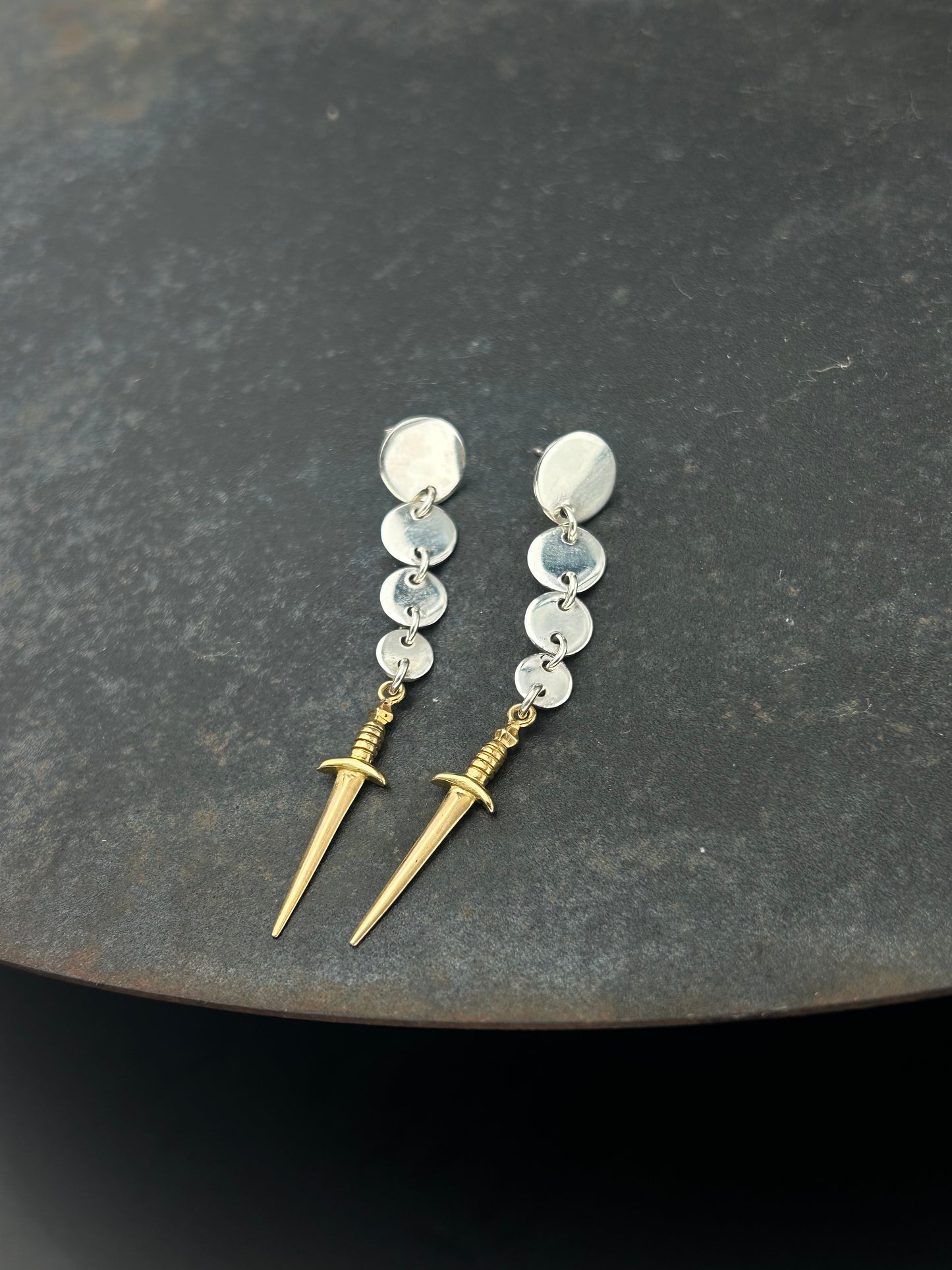 Sterling Silver Circle Post Earrings with Bronze Swords