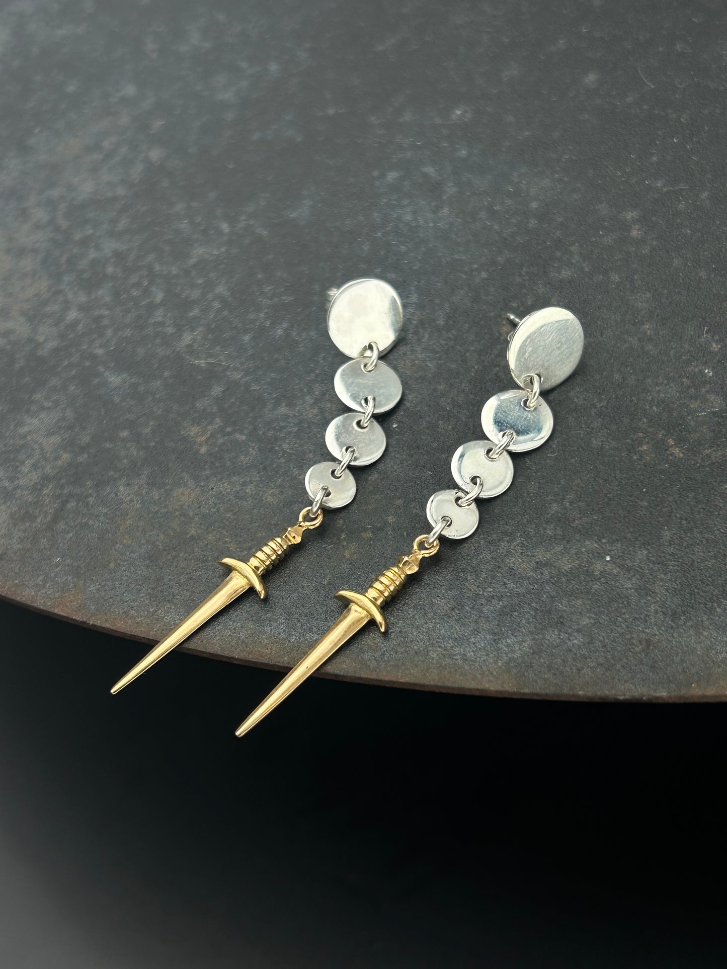 Sterling Silver Circle Post Earrings with Bronze Swords