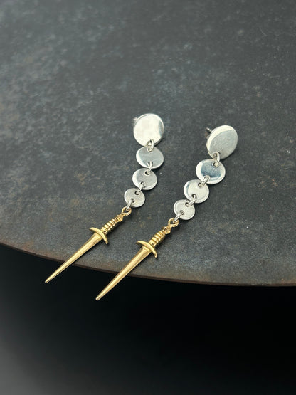 Sterling Silver Circle Post Earrings with Bronze Swords