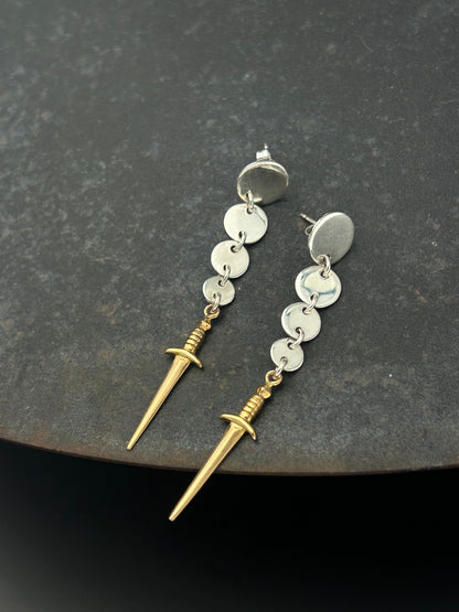 Sterling Silver Circle Post Earrings with Bronze Swords