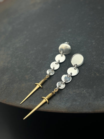 Sterling Silver Circle Post Earrings with Bronze Swords